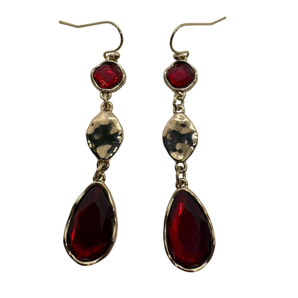 Ann Taylor Gold Tone Red Stone Hammered Teardrop Dangle Drop Earrings